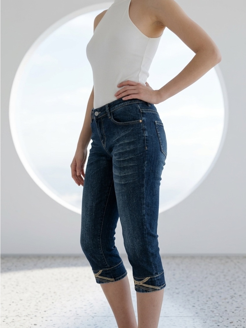RE-UP Y2K Denim Cropped Embroidered Distressed Summer Jeans-M/L